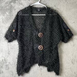 Kaktus Black Fuzzy Open Knit Cardigan Boho Chunky Buttons Short Sleeve Textured
